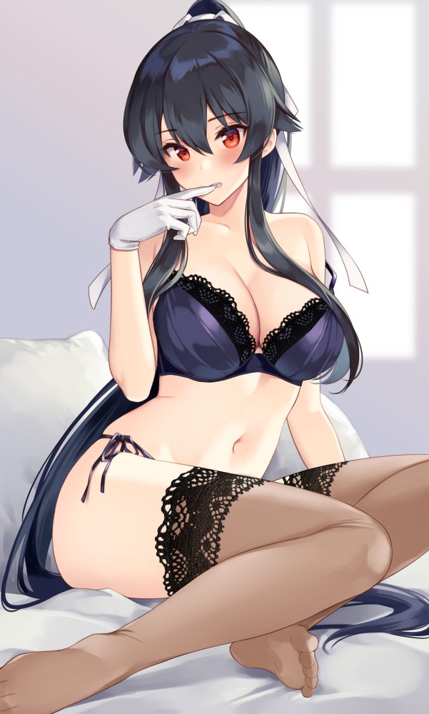 1girl, bed_sheet, beige_legwear, biting, black_hair, blush, bra, biting_glove