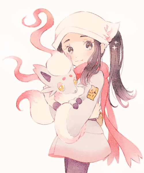 1girl, akari_(pokemon), blush, closed_mouth, commentary_request, eyelashes, from_side, grey_eyes, headscarf, hisuian_zorua, holding, holding_pokemon, jacket, looking_at_viewer, looking_to_the_side, nintendo, pantyhose, pokemon, pokemon_(creature), pokemon_legends:_arceus, ponytail, red_scarf, ryokuno_green, scarf, sidelocks, skirt, smile, undershirt, white_background, white_headscarf, white_headwear