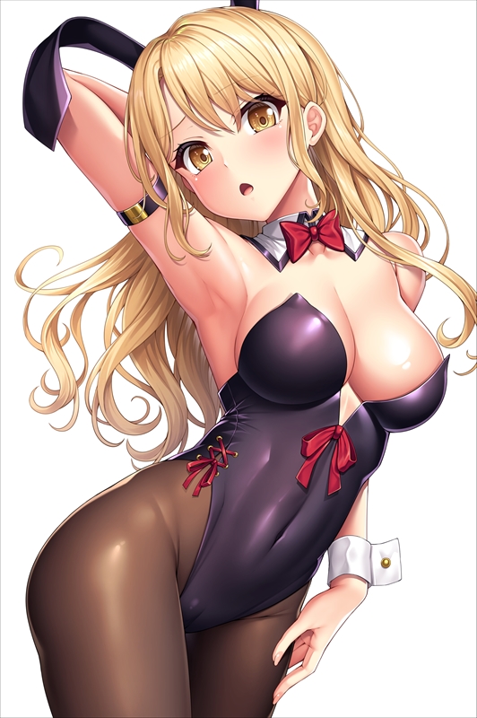 1girl, animal_ears, arm_behind_head, arm_strap, arm_up, armpits, bang_dream!, bang_dream!_girls_band_party!, bare_shoulders, black_pantyhose, blonde_hair, blush, bow, bowtie, breasts, brown_pantyhose, chestnut_mouth, cleavage, collarbone, commentary, covered_navel, cowboy_shot, detached_collar, fake_animal_ears, fingernails, groin, hair_between_eyes, hand_on_own_thigh, head_tilt, kirigaya_toko, lambda_(kusowarota), large_breasts, leotard, long_hair, looking_at_viewer, open_mouth, pantyhose, playboy_bunny, purple_leotard, rabbit_ears, red_bow, red_bowtie, red_ribbon, ribbon, side-tie_leotard, sidelocks, simple_background, solo, standing, strapless, strapless_leotard, wavy_hair, white_background, wrist_cuffs, yellow_eyes