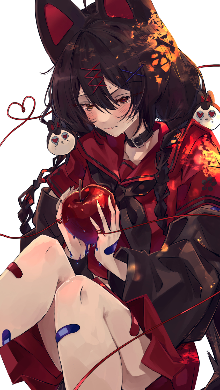 1girl, absurdres, animal_ears, apple, bandaid, bandaid_on_hand, bandaid_on_leg, black_collar