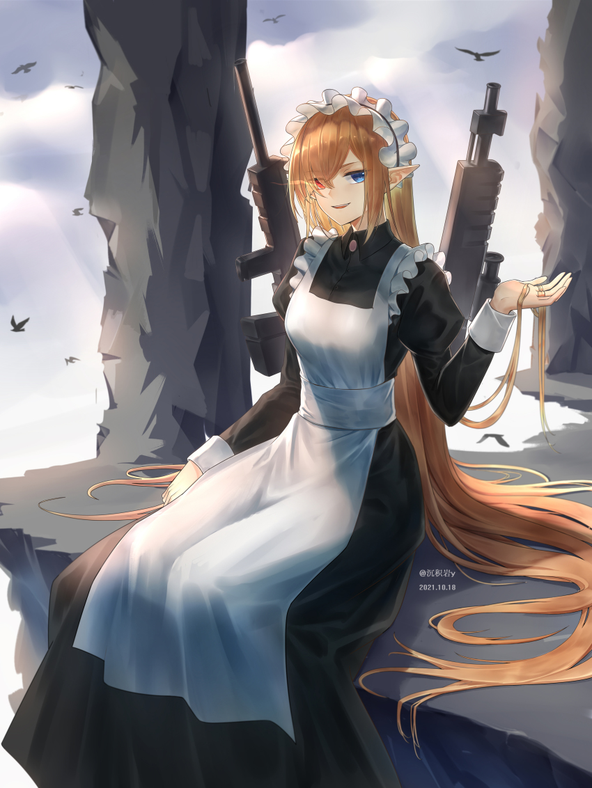 1girl, absurdres, alternate_costume, apron, artist_name, assault_rifle, blonde_hair, blue_eyes