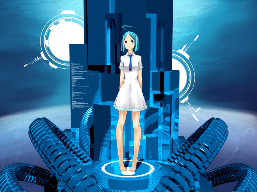 ahoge, aqua_hair, bad_id, bad_pixiv_id, barefoot, kanden, necktie, original