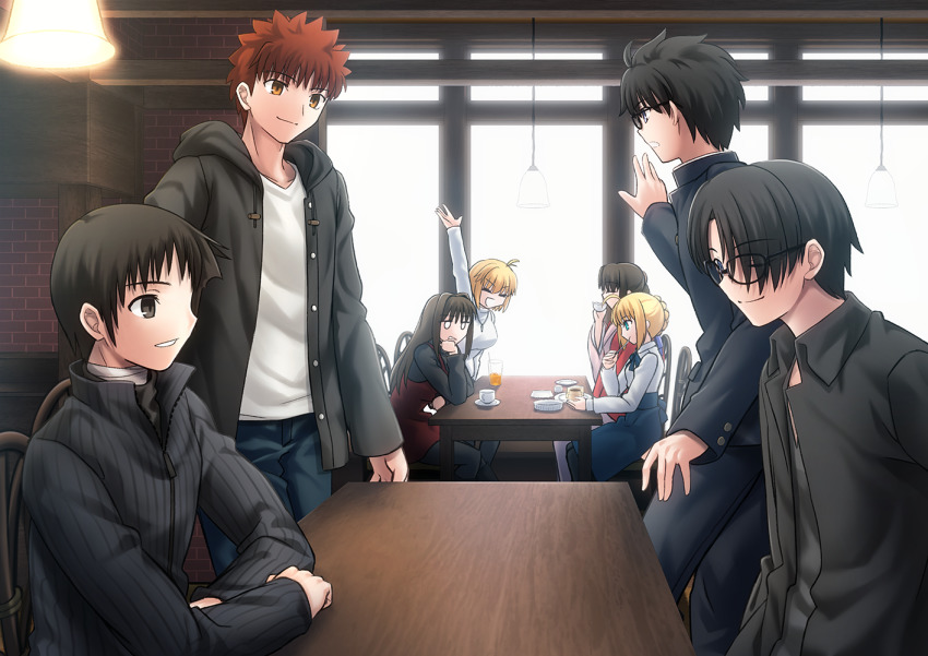 4boys, 4girls, ahoge, aozaki_aoko, arcueid_brunestud, artoria_pendragon_(fate), black_hair, blonde_hair, blouse, blue_eyes, breasts, brown_eyes, brown_hair, commentary, creator_connection, dress, emiya_shirou, fate/stay_night, fate_(series), gakuran, glasses, green_eyes, haagen-dazs, hair_between_eyes, hair_bun, hair_intakes, hair_ribbon, hetero, jacket, japanese_clothes, kara_no_kyoukai, kimono, kokutou_mikiya, large_breasts, long_hair, long_sleeves, mahou_tsukai_no_yoru, medium_breasts, multiple_boys, multiple_girls, orange_hair, ponytail, red_eyes, red_jacket, ribbon, ryougi_shiki, saber_(fate), school_uniform, shirt, shoori_(migiha), short_hair, sidelocks, single_hair_bun, skirt, smile, sweater, sword, tohno_shiki, trait_connection, tsukihime, tsukihime_(remake), turtleneck, type-moon, weapon, white_shirt, yellow_eyes