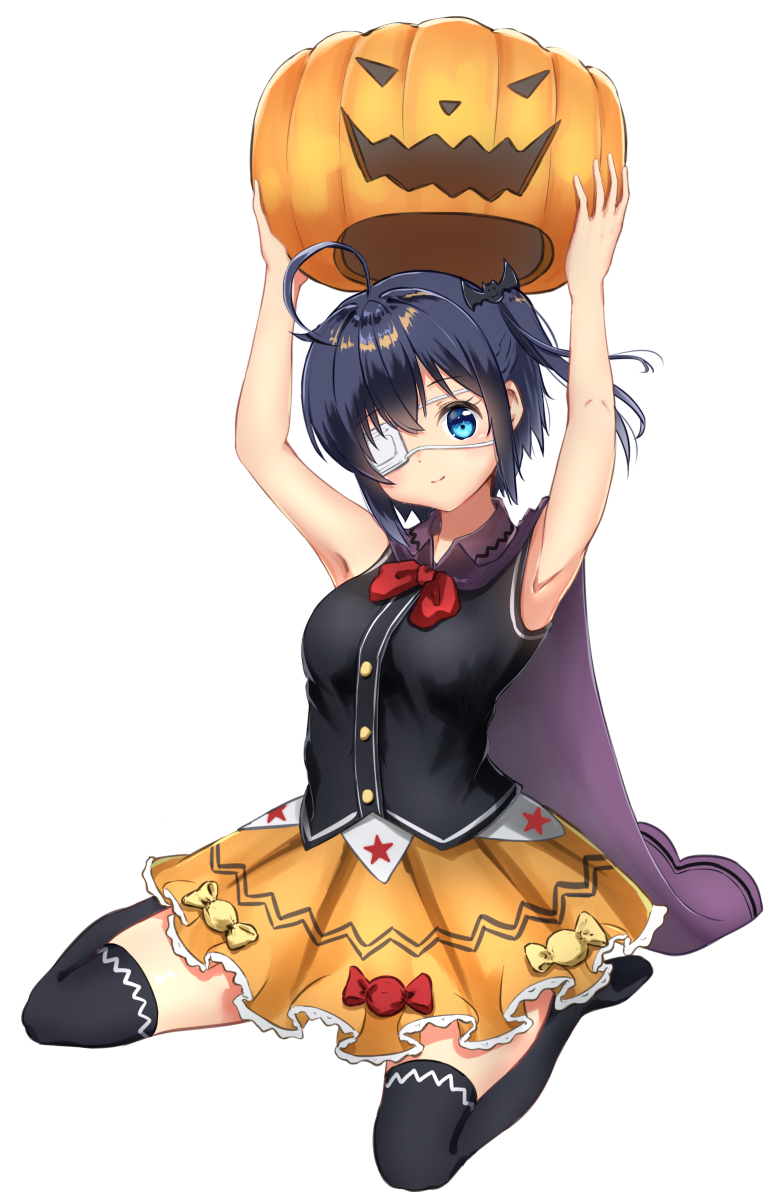 1girl, ahoge, alternate_costume, arms_up, bat_hair_ornament, black_shirt, black_thighhighs, blue_eyes