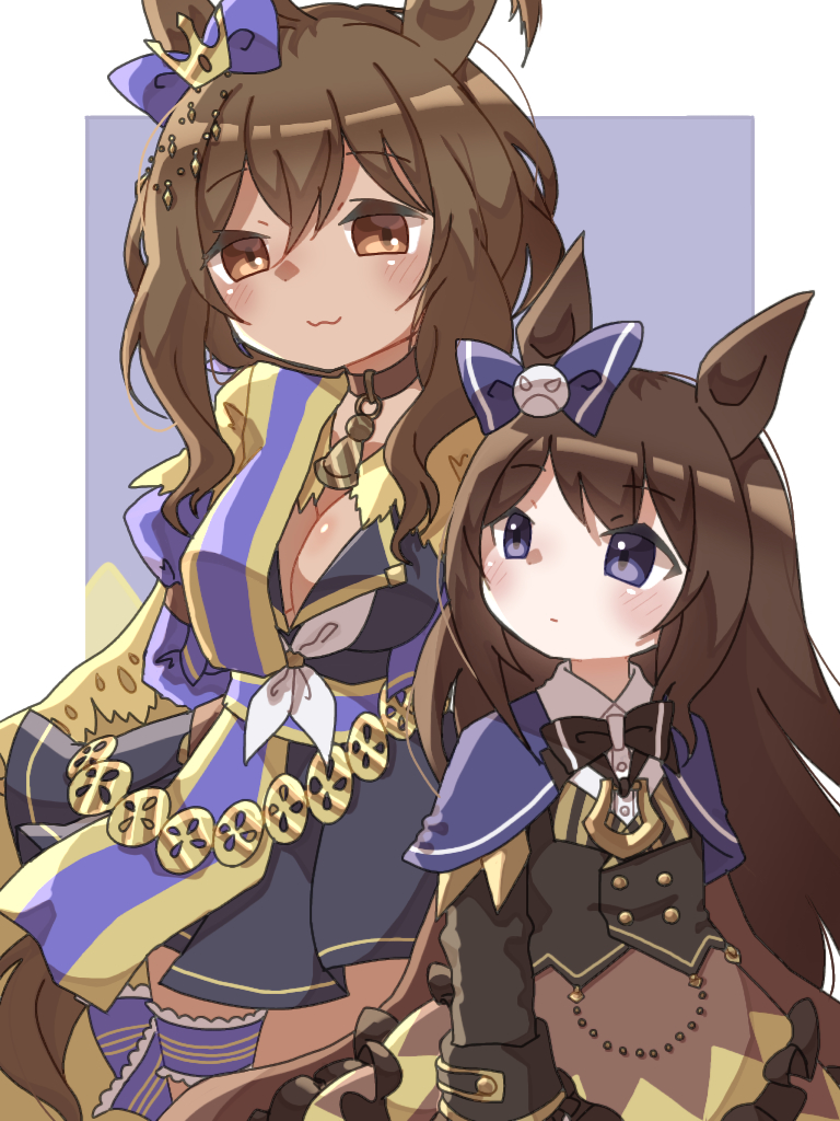 2girls, :3, aged_down, blue_bow, bow, breasts, brown_eyes, brown_hair