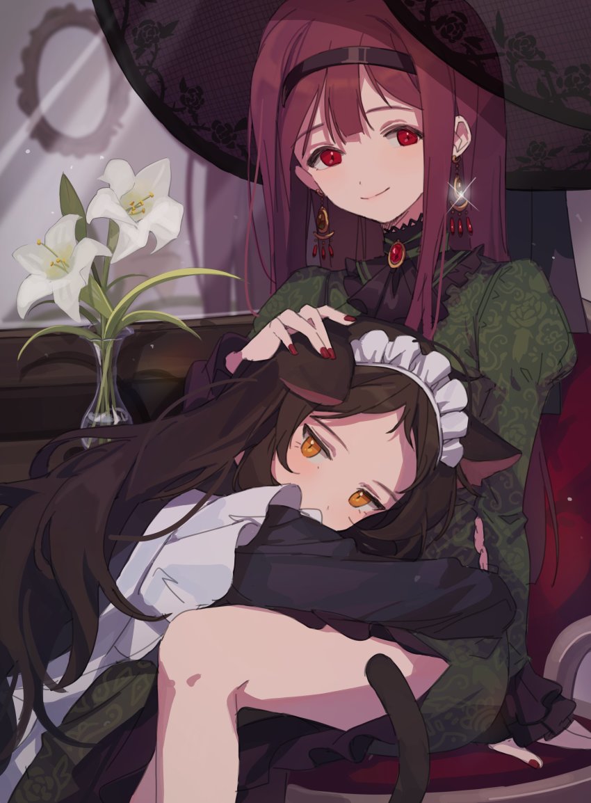 2girls, absurdres, alternate_costume, animal_ears, arm_support, black_hair, bottle, cat_ears