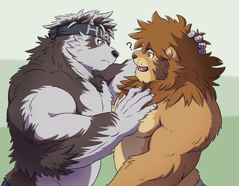 2boys, ?, ainu_clothes, animal_ears, bara, belly, brown_fur, chest_hair