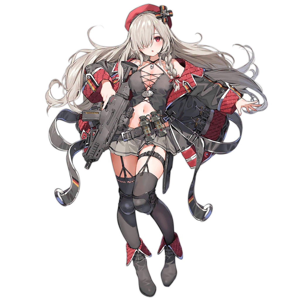 1girl, :o, ammunition_belt, assault_rifle, belt, beret, black_belt, black_boots