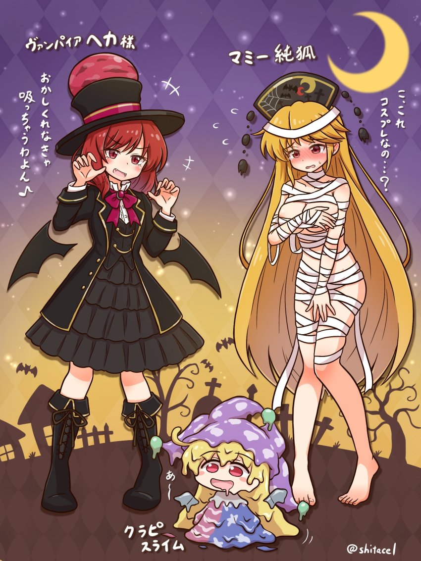 +_+, 3girls, \||/, alternate_costume, american_flag_dress, argyle_background, argyle_clothes, bare_shoulders