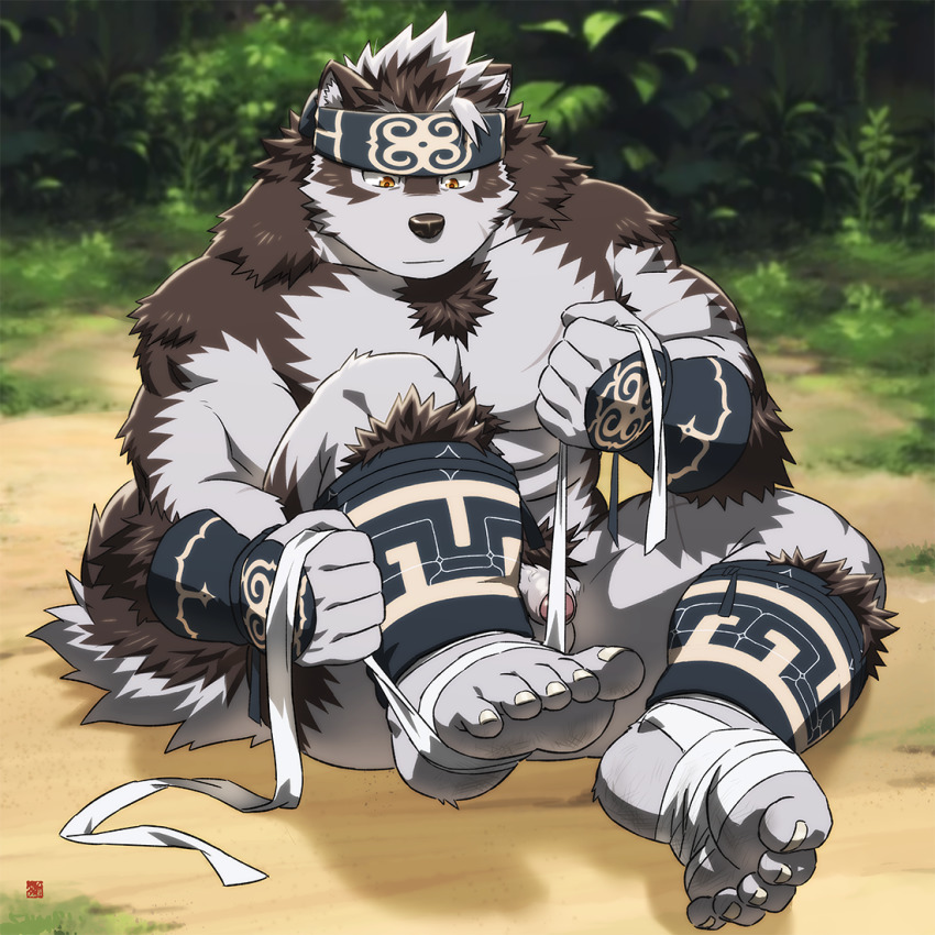 1boy, abs, ainu_clothes, animal_ears, bandaged_foot, bandages, bara, barefoot