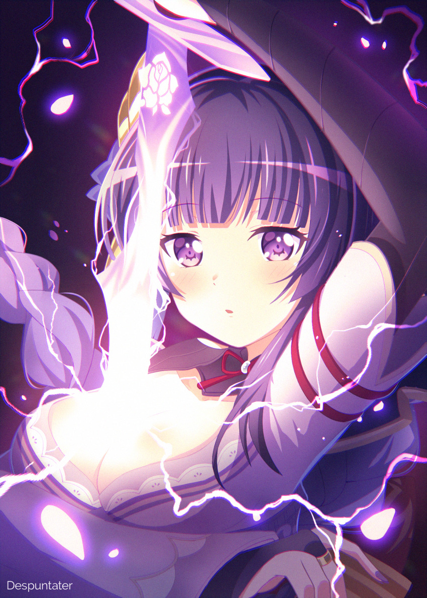 1girl, :o, artist_name, bang_dream!, bang_dream!_girls_band_party!, black_hair, blunt_bangs, braid, breasts, bridal_gauntlets, cleavage, collarbone, commentary, cosplay, despuntater, electricity, english_commentary, genshin_impact, hair_ornament, highres, holding, holding_sword, holding_weapon, human_scabbard, japanese_clothes, kimono, large_breasts, long_hair, long_sleeves, looking_at_viewer, low-braided_long_hair, low-tied_long_hair, nail_polish, parted_lips, purple_eyes, purple_kimono, purple_nails, raiden_shogun, raiden_shogun_(cosplay), shirokane_rinko, sidelocks, solo, standing, sword, tassel, upper_body, weapon