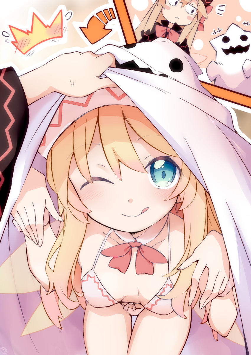 +++, 2girls, ^^^, adapted_costume, bikini, black_dress, black_headwear, blonde_hair