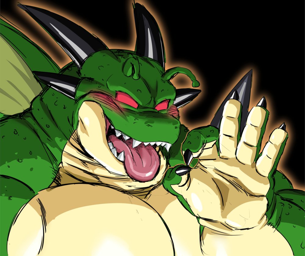 1boy, :p, bara, blush, colored_sclera, dragon_ball, dragon_boy, dragon_horns, fellatio_gesture, furry, furry_male, grin, horns, large_pectorals, male_focus, muscular, muscular_male, no_pupils, oral_invitation, parody, pectorals, personification, porunga, red_sclera, rossciaco, scales, sexually_suggestive, smile, solo, tongue, tongue_out, upper_body