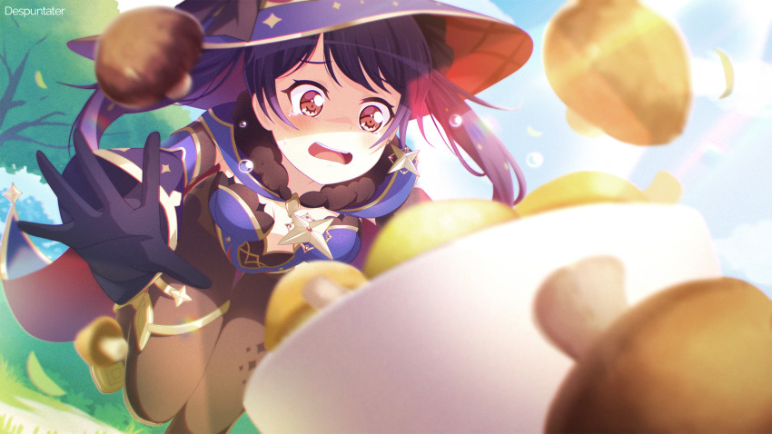 1girl, artist_name, bang_dream!, bang_dream!_girls_band_party!, black_gloves, black_hair, black_pantyhose, blue_sky