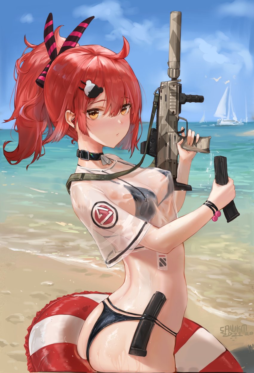 1girl, absurdres, ahoge, ass, beach, bikini, black_bikini, blush, bracelet, breasts, camouflage, choker, crop_top, crop_top_overhang, foregrip, girls'_frontline, gun, gun_sling, h&amp;k_mp7, hair_between_eyes, hair_ornament, hair_ribbon, heckler_&amp;_koch, highres, holding, holding_gun, holding_weapon, innertube, jewelry, logo, looking_at_viewer, machine_pistol, magazine_(weapon), medium_breasts, mp7_(girls'_frontline), mp7_(lollipop_ammo)_(girls'_frontline), official_alternate_costume, outdoors, ponytail, red_hair, ribbon, sawkm, see-through_clothes, see-through_shirt, sidelocks, solo, submachine_gun, suppressor, swim_ring, swimsuit, weapon, yellow_eyes