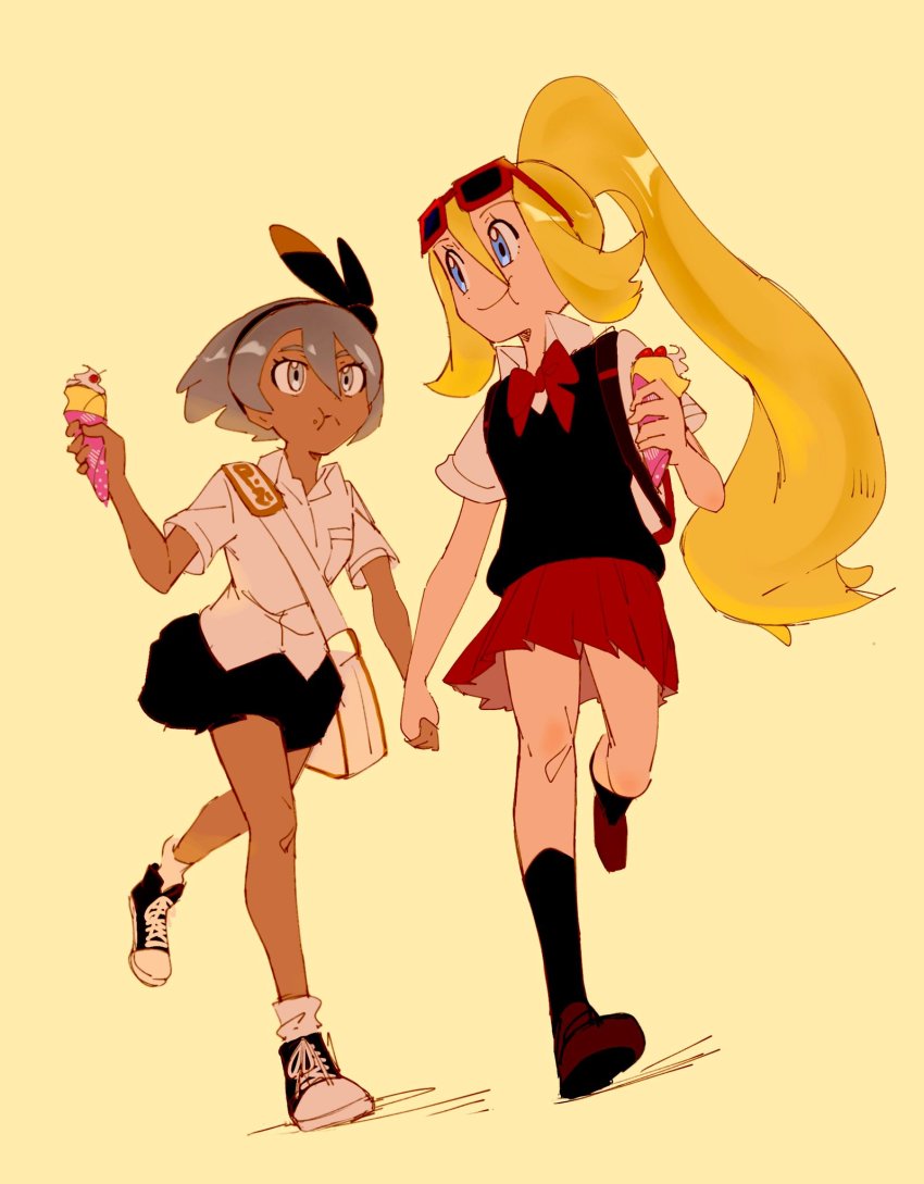 2girls, :t, alternate_costume, bea_(pokemon), black_legwear, black_skirt, black_vest, blonde_hair