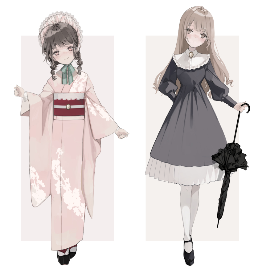2girls, ahoge, blonde_hair, bonnet, braid, brown_hair, closed_mouth, commentary_request, dress, expressionless, full_body, geta, grey_dress, head_tilt, highres, japanese_clothes, juliet_sleeves, kimono, kyuumura, long_sleeves, low_twin_braids, mary_janes, medium_hair, multiple_girls, obi, obijime, original, pink_eyes, pink_kimono, puffy_sleeves, sash, shoes, smile, tabi, twin_braids, umbrella, white_legwear, wide_sleeves, yellow_eyes