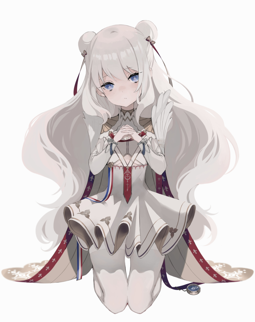 +_+, 1girl, absurdres, azur_lane, blue_eyes, breasts, cape, closed_mouth, clothing_cutout, commentary, double_bun, full_body, hair_bun, hair_ribbon, head_tilt, highres, kneeling, kyuumura, le_malin_(azur_lane), long_hair, long_sleeves, looking_at_viewer, own_hands_together, pantyhose, ribbon, sidelocks, silver_hair, simple_background, skirt, small_breasts, solo, thighband_pantyhose, underboob_cutout, very_long_hair, white_background, white_cape, white_pantyhose