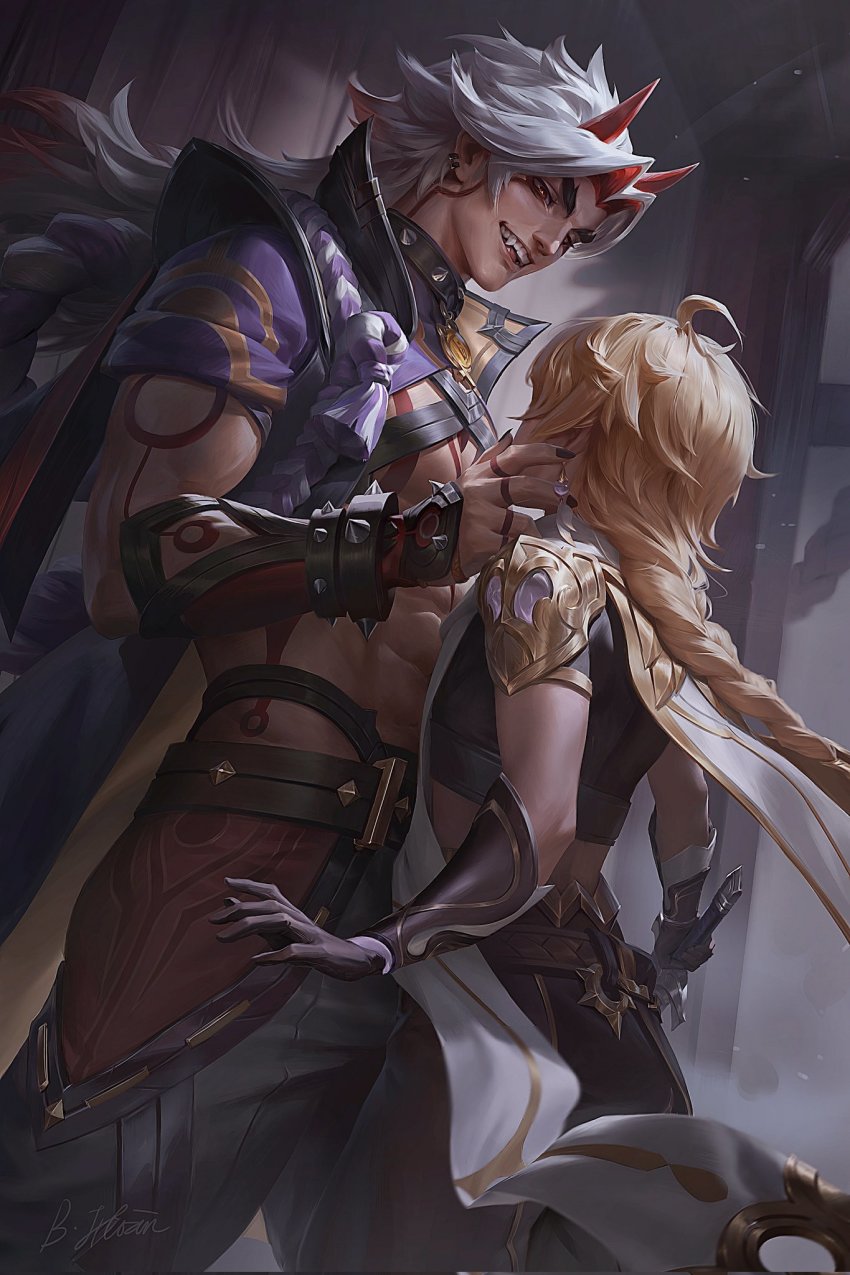 2boys, abs, aether_(genshin_impact), arataki_itto, bich_hoan, body_markings, bracelet, fangs, genshin_impact, hand_on_another's_face, highres, horns, jewelry, long_hair, multiple_boys, muscular, muscular_male, oni, oni_horns, red_eyes, tattoo, yaoi