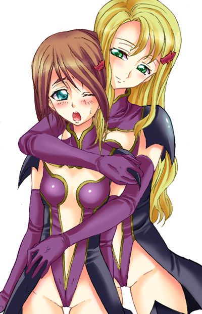 00s, 2girls, blonde_hair, blue_eyes, blush, brown_hair, code_geass, elbow_gloves