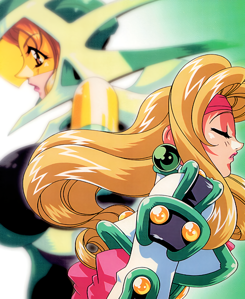 1990s_(style), 1girl, akihabara_dennou_gumi, blonde_hair, bodysuit, dual_persona, earrings, headband