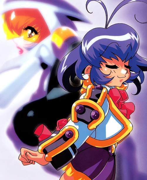 1990s_(style), akihabara_dennou_gumi, antenna_hair, blue_hair, closed_eyes, cowboy_shot, dual_persona, earrings