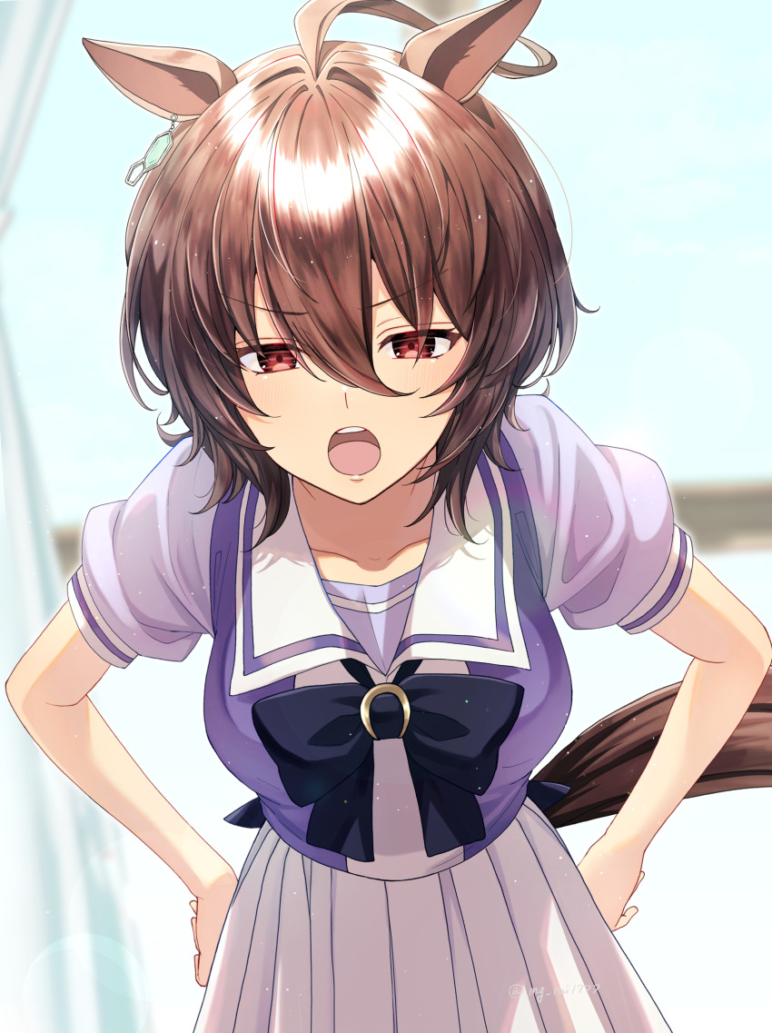 1girl, :o, absurdres, agnes_tachyon_(umamusume), ahoge, angry, animal_ears, bow