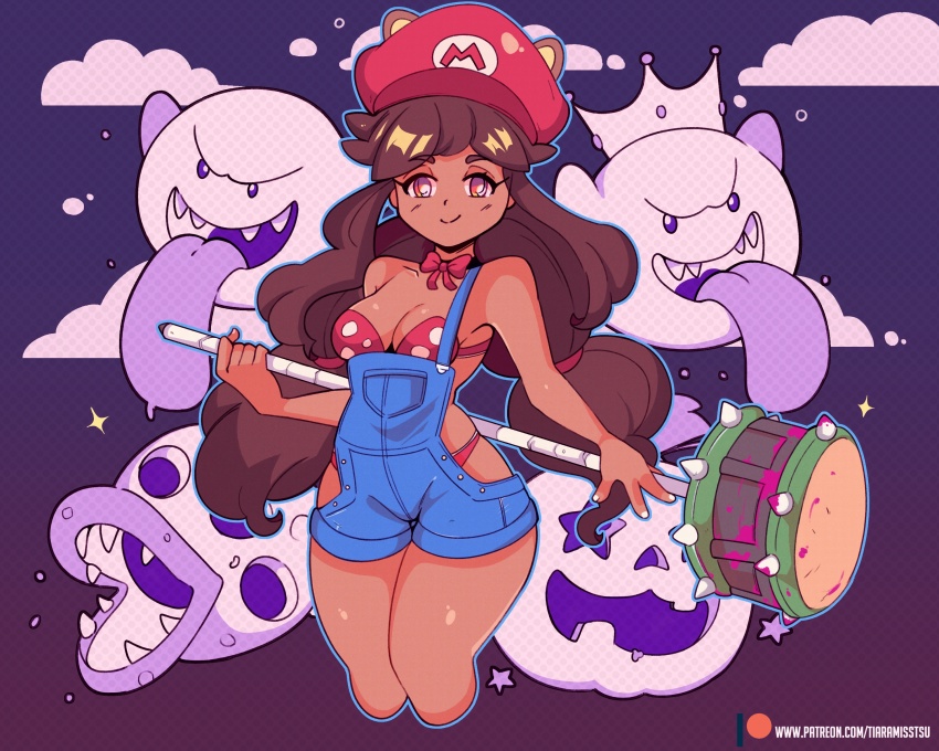 1girl, absurdres, blue_outline, blue_overalls, bone_piranha_plant, boo_(mario), bra, breasts