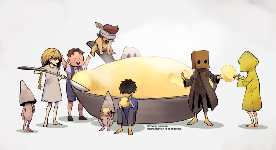 bag, barefoot, character_request, feet, food, guri_to_gura, holding, holding_spoon, hood, hood_up, little_nightmares_(series), long_sleeves, monji_samonji, mono_(little_nightmares), multiple_boys, multiple_girls, pants, paper_bag, raincoat, short_hair, simple_background, six_(little_nightmares), spoon, toes, white_background, yellow_raincoat