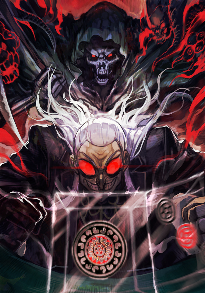 1boy, akagi:_yami_ni_oritatta_tensai, aura, black_gloves, black_jacket, blank_eyes, cloak, death_(entity)