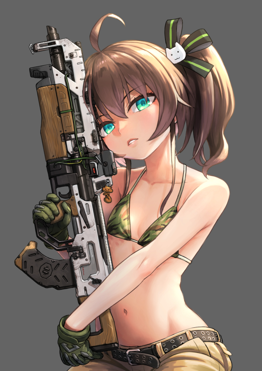 1girl, ahoge, apex_legends, assault_rifle, belt, bikini, bikini_top_only, black_belt, blue_eyes, brown_hair, brown_pants, bullpup, camouflage, camouflage_bikini, flat_chest, gloves, green_bikini, green_gloves, grey_background, gun, head_tilt, highres, holding, holding_gun, holding_weapon, hololive, looking_at_viewer, medium_hair, natsuiro_matsuri, pants, parted_lips, ribbon, rifle, sabaku_chitai, simple_background, sitting, solo, swimsuit, trigger_discipline, two-tone_ribbon, virtual_youtuber, vk-47_flatline, weapon, weapon_request