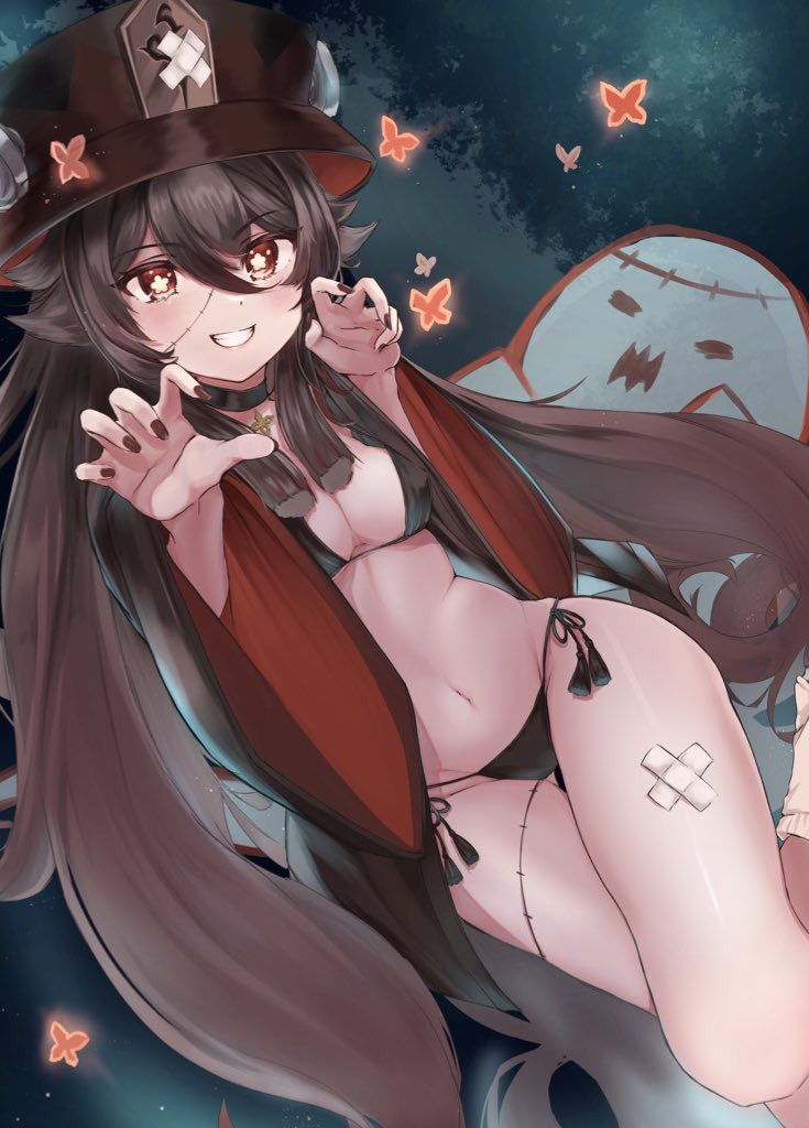 1girl, baba_kirika, bandaid, bikini, black_bikini, breasts, bug, butterfly