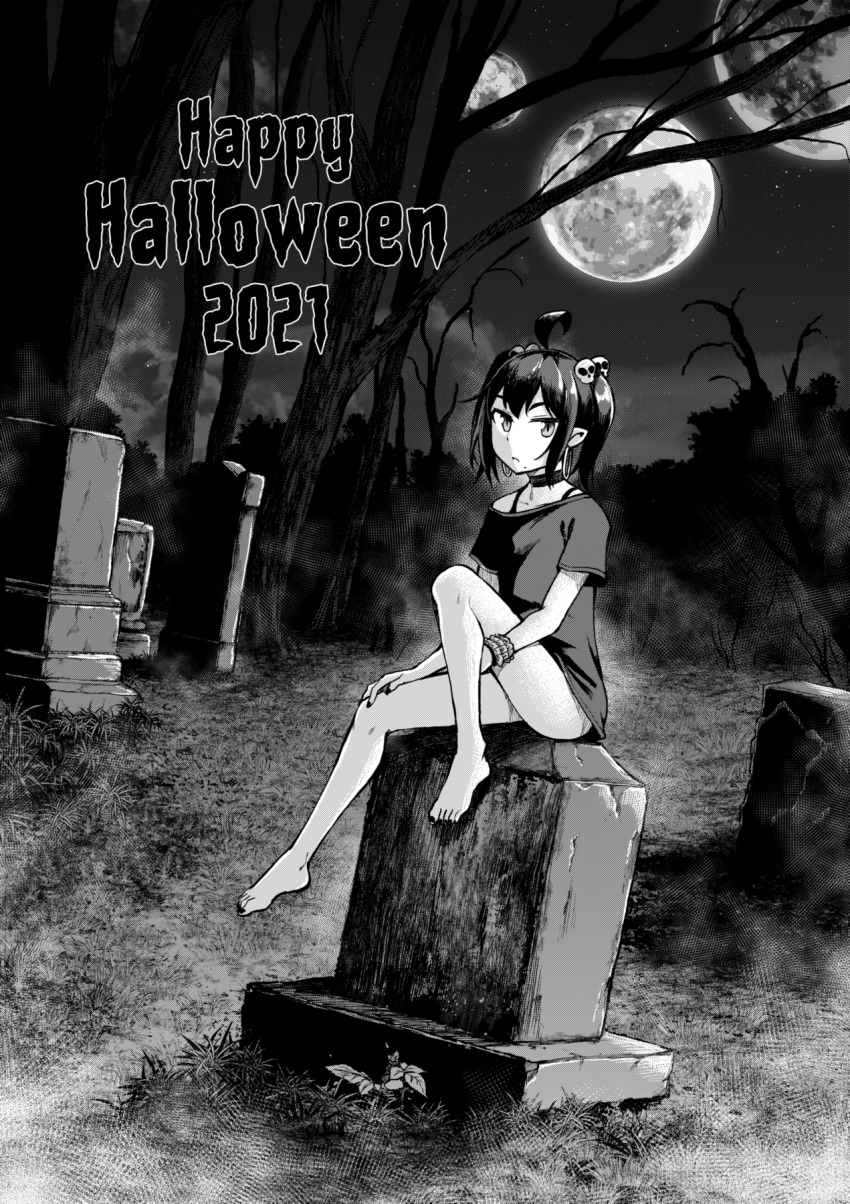 1girl, ahoge, bare_tree, bottomless, bra_strap, choker, earrings, full_moon, geewhy, graveyard, greyscale, hair_ornament, halloween, happy_halloween, highres, hoop_earrings, jewelry, looking_at_viewer, medium_hair, monochrome, moon, multiple_moons, naked_shirt, night, off_shoulder, original, parted_lips, pointy_ears, scrunchie, shirt, short_sleeves, skull_hair_ornament, sky, solo, tombstone, tree, twintails, wrist_scrunchie