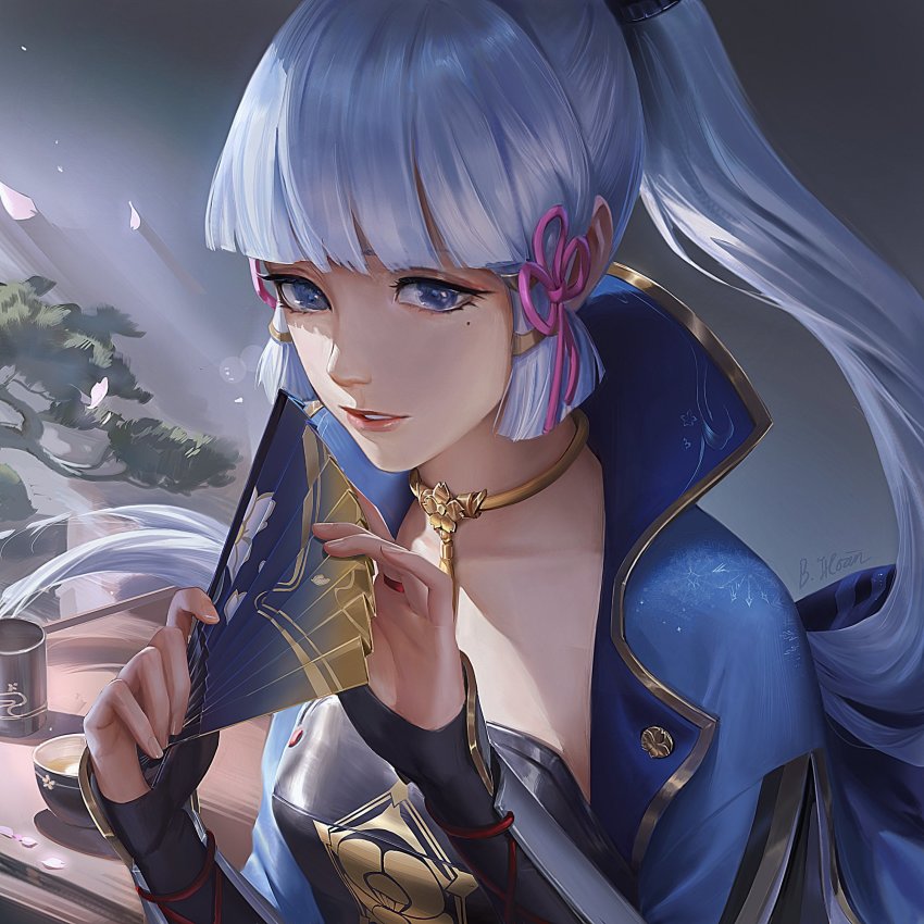 1girl, arm_guards, armor, armored_dress, ayaka_(genshin_impact), bich_hoan, blue_eyes, blue_hair