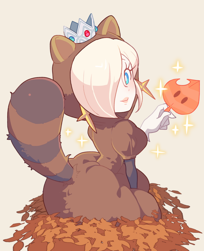 1girl, animal_costume, autumn_leaves, blonde_hair, blue_eyes, bright_pupils, crown, earrings