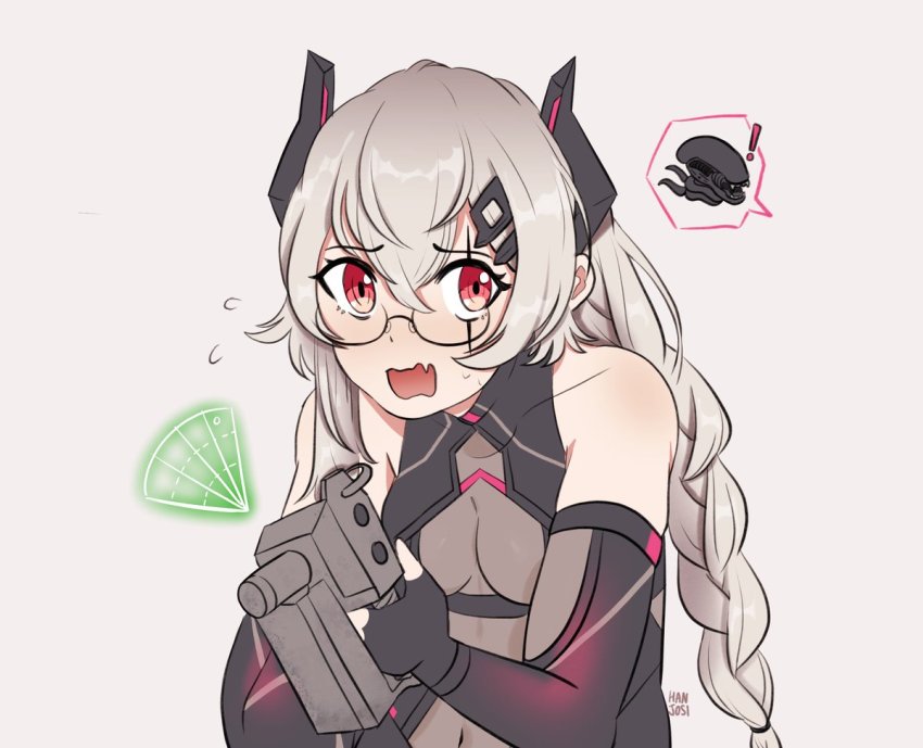 1girl, alien_(1979), alien_(series), artist_name, bad_id, bad_twitter_id, bare_shoulders, breasts, commentary, english_commentary, fang, flying_sweatdrops, glasses, grey_hair, hanjosi, indie_virtual_youtuber, long_hair, navel, open_mouth, red_eyes, saruei_(vtuber), skin_fang, sweat, virtual_youtuber