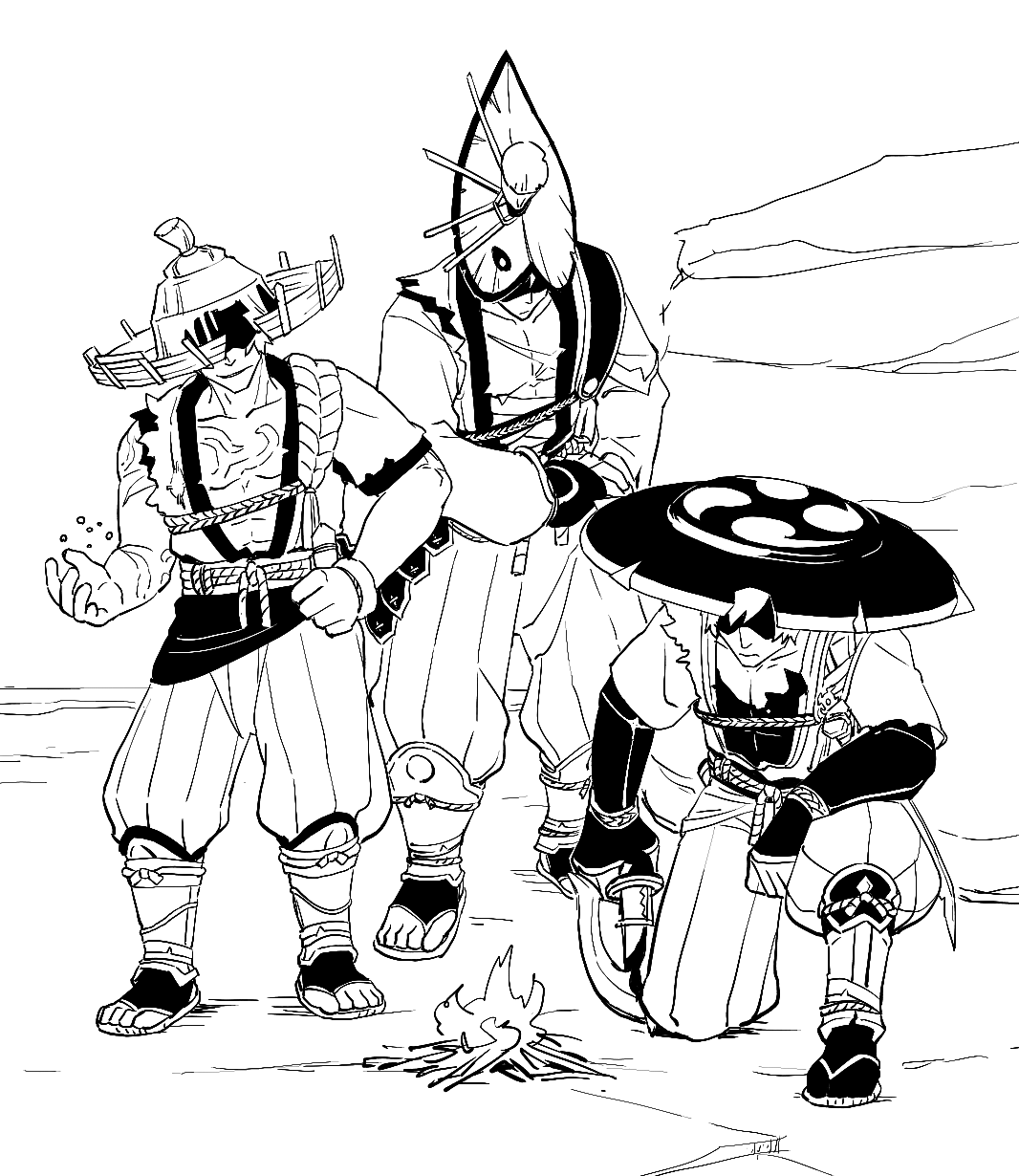 3boys, arm_tattoo, armor, battoujutsu_stance, campfire, chest_tattoo, commentary_request, fighting_stance