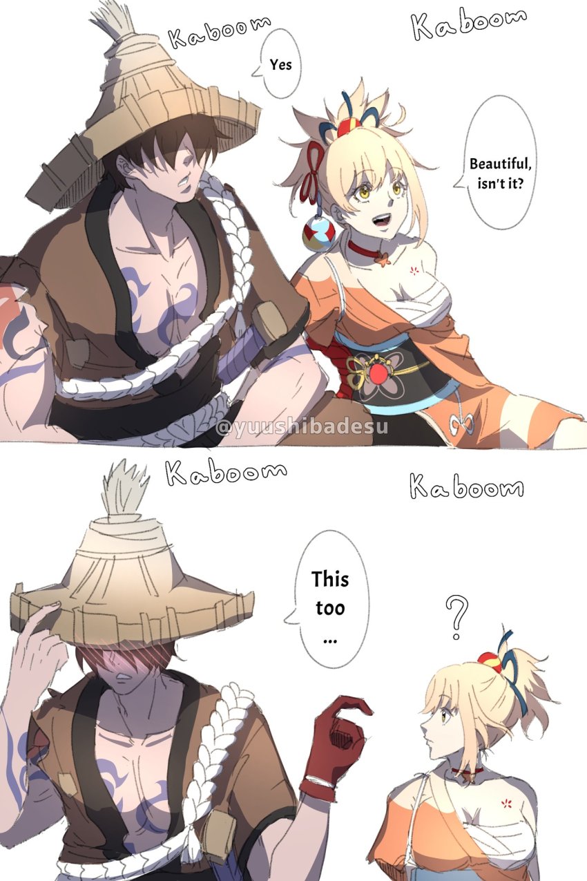 1boy, 1girl, 2koma, ?, arm_tattoo, blonde_hair, blush, breasts, brown_hair, chest_tattoo, choker, cleavage, comic, embarrassed, english_text, flirting, fukaamigasa, genshin_impact, gloves, hadanugi_dousa, hair_ornament, hair_over_eyes, hat_tip, highres, japanese_clothes, kimono, looking_up, medium_breasts, nobushi_(genshin_impact), obi, open_clothes, open_kimono, open_mouth, orange_kimono, out_of_character, parted_lips, pointing, red_choker, red_gloves, roningasa, samurai, sarashi, sash, simple_background, single_glove, sitting, smile, speech_bubble, tattoo, torn_clothes, torn_sleeves, vision_(genshin_impact), white_background, yoimiya_(genshin_impact), yuushiba