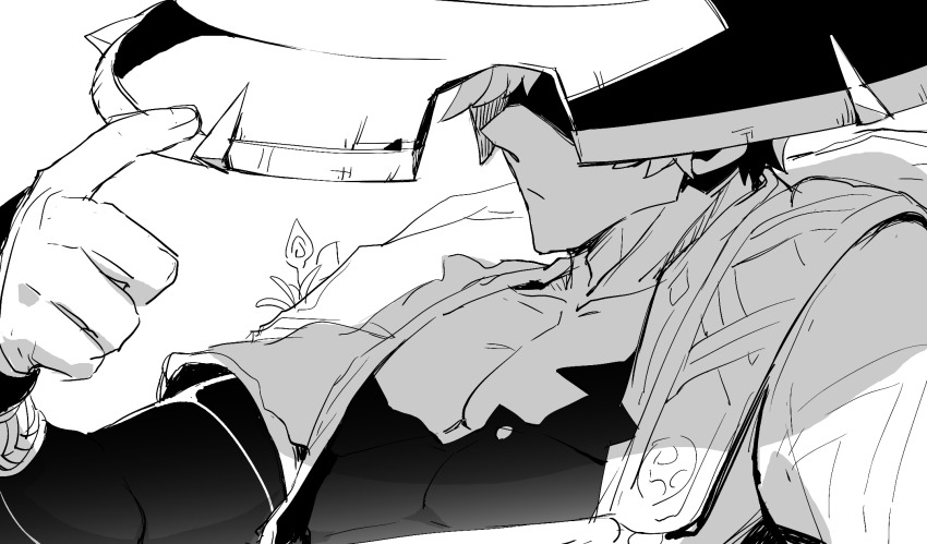 1boy, asymmetrical_sleeves, collarbone, commentary_request, expressionless, genshin_impact, greyscale, hair_between_eyes