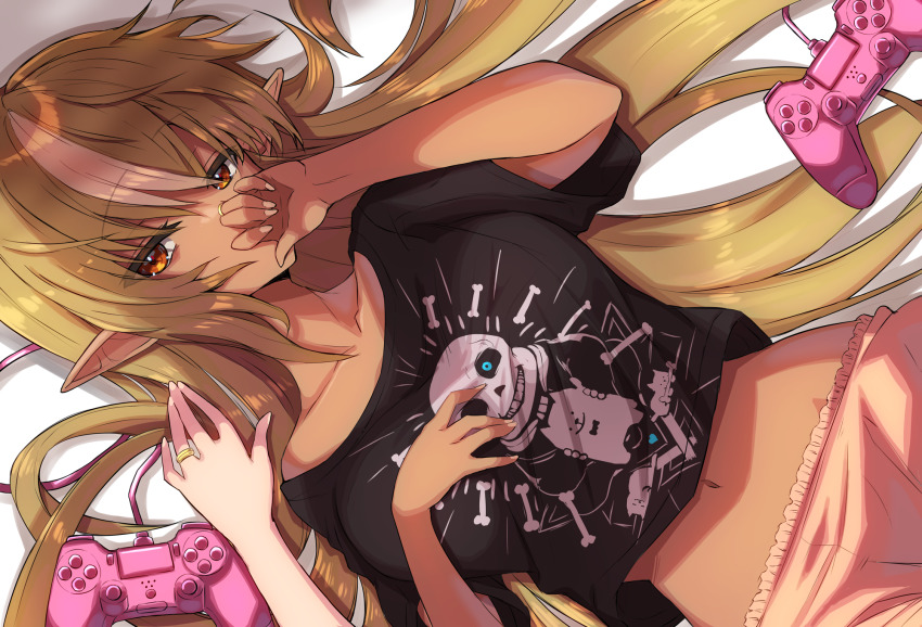 2girls, blonde_hair, breasts, brown_eyes, character_print, commentary_request, controller, covering_own_mouth