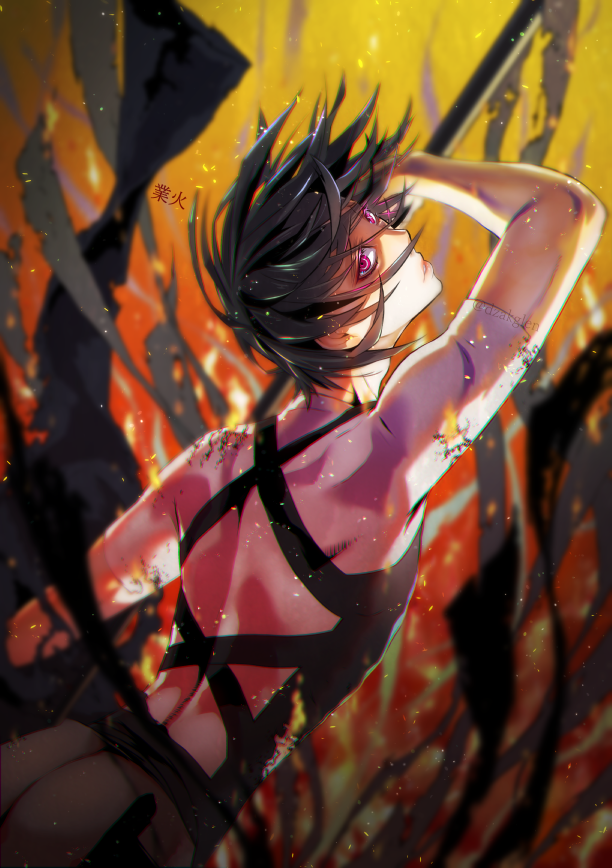 1boy, back, black_hair, embers, en'en_no_shouboutai, fire, looking_at_viewer, male_focus