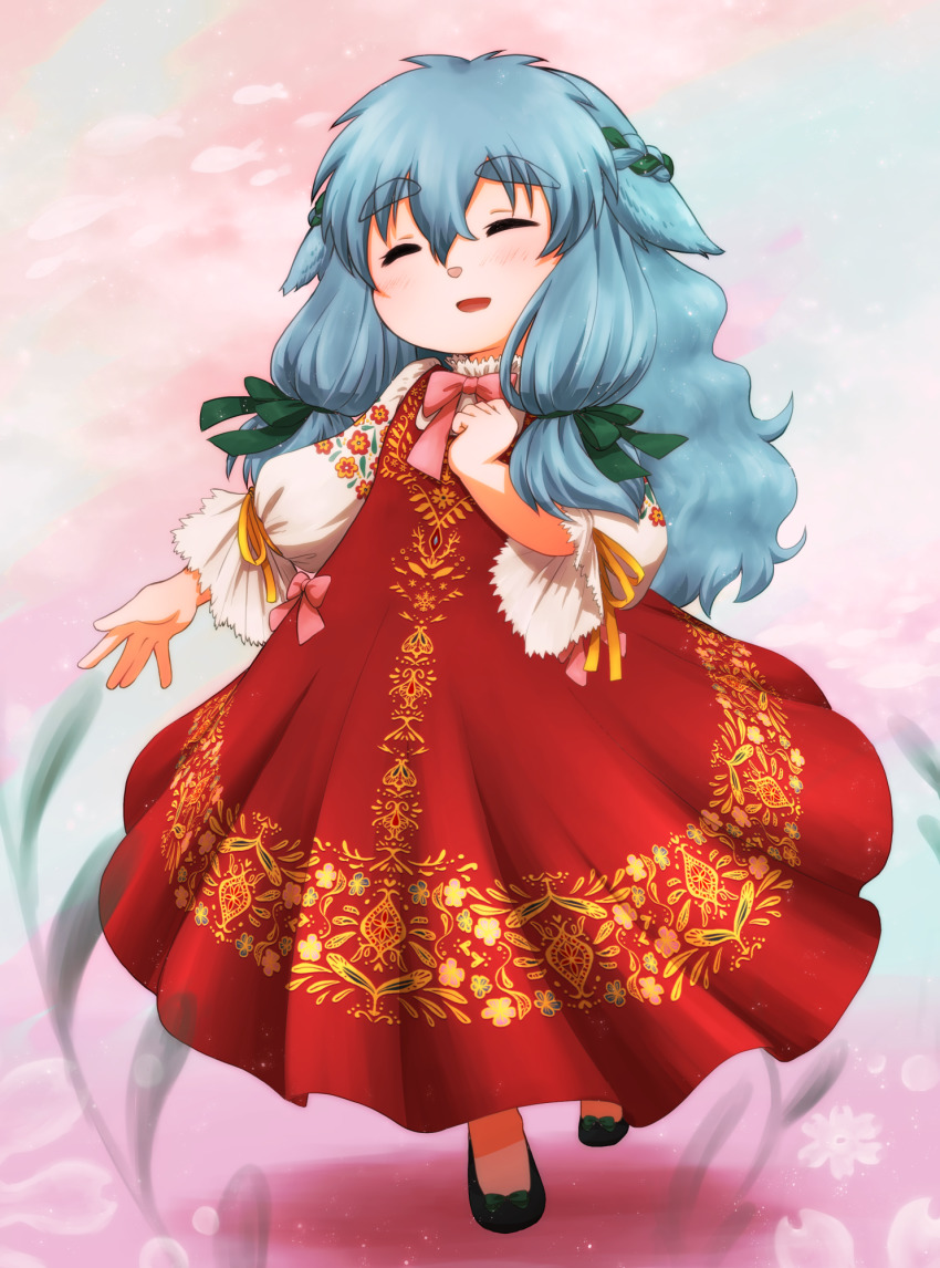 1girl, :d, animal_ears, black_footwear, blue_hair, bow, dress, closed_eyes