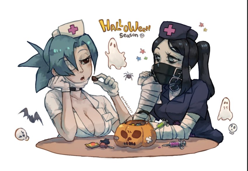 2girls, arm_wrap, black_hair, blue_eyes, blue_hair, breasts, bucket, bug