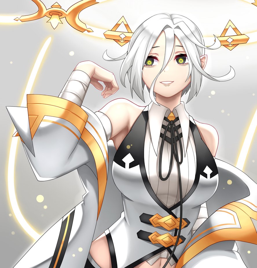 1girl, bags_under_eyes, bare_shoulders, breasts, collared_shirt, dragalia_lost, halo, large_breasts, looking_to_the_side, medium_hair, nurufufufu, power_symbol-shaped_pupils, sandalphon_(dragalia_lost), shirt, smile, symbol-shaped_pupils, upper_body, white_hair