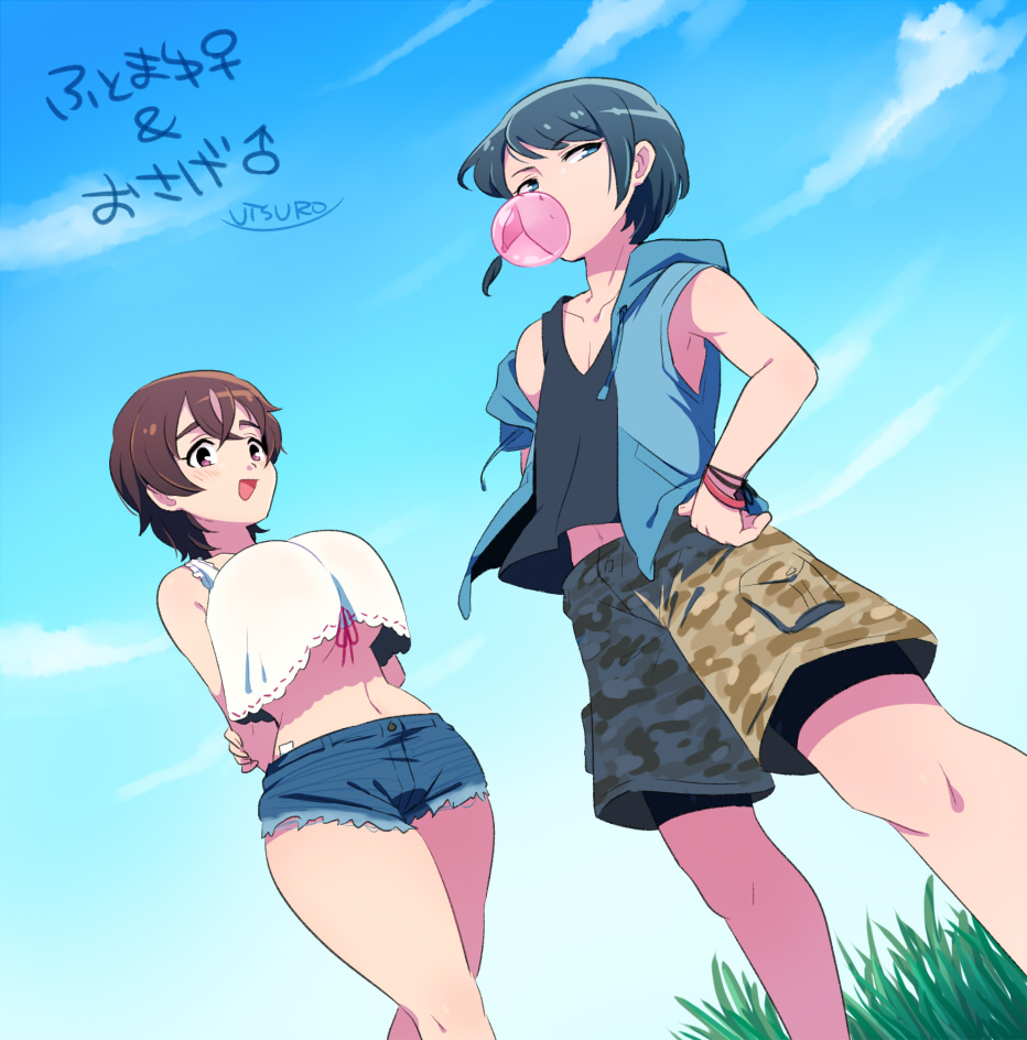 1boy, 1girl, black_hair, blowing_bubble_gum, blowing_bubbles, blue_eyes, breasts, brown_hair, captain_(kemono_friends), cargo_shorts, chewing_gum, denim, denim_shorts, frilled_straps, genderswap, genderswap_(ftm), genderswap_(mtf), grass, hands_on_own_hips, huge_breasts, kemono_friends, kemono_friends_3, large_breasts, looking_at_viewer, midriff, navel, missing_headwear, open_clothes, open_vest, outdoors, shorts, sidelocks, singlet, smile, thick_thighs, thighs, translated, underboob, utsuro_atomo, vest, wristband
