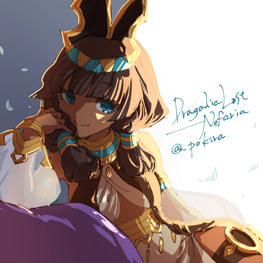 1girl, ancient_egyptian_clothes, bare_shoulders, black_hair, blue_eyes, breasts, dark_skin, dragalia_lost