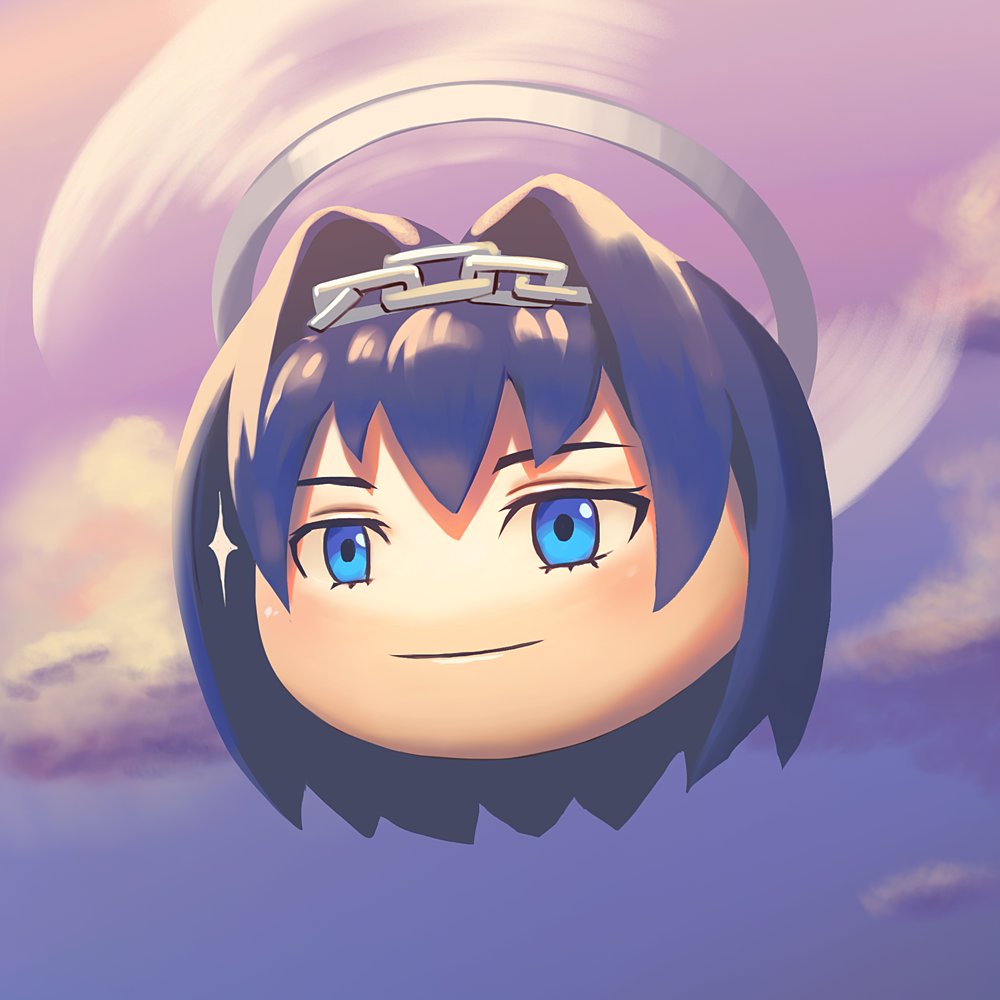 1girl, blue_hair, blush, chain, chain_headband, closed_mouth, flying, hair_intakes