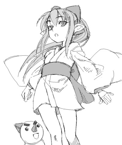 greyscale, hisame_(shinrabanshou), japanese_clothes, lowres, monochrome, satou_atsuki, shinrabanshou, simple_background