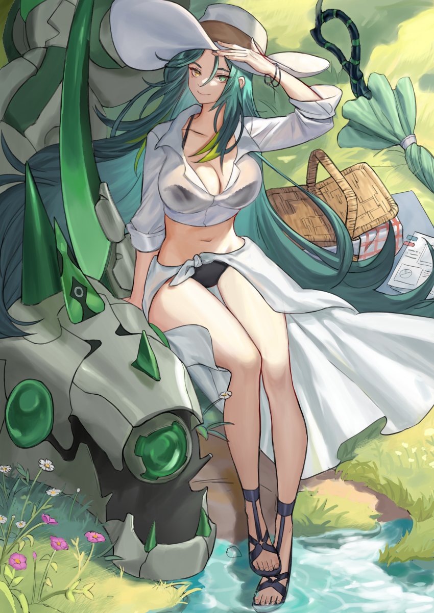 1girl, absurdres, alchemy_stars, black_panties, bracelet, breasts, casual, cleavage