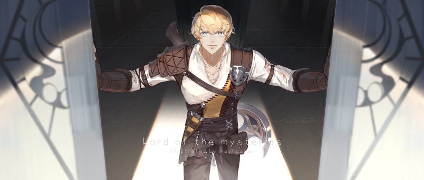1boy, armor, axe, blonde_hair, blue_eyes, brown_legwear, chinese_commentary, closed_mouth, commentary_request, crying, dagger, derrick_berg, door, english_text, gauntlets, highres, injury, knife, looking_at_viewer, lord_of_the_mysteries, moychi, pauldrons, shadow, sheath, sheathed, shirt, short_hair, shoulder_armor, solo, weapon, weapon_on_back, white_shirt